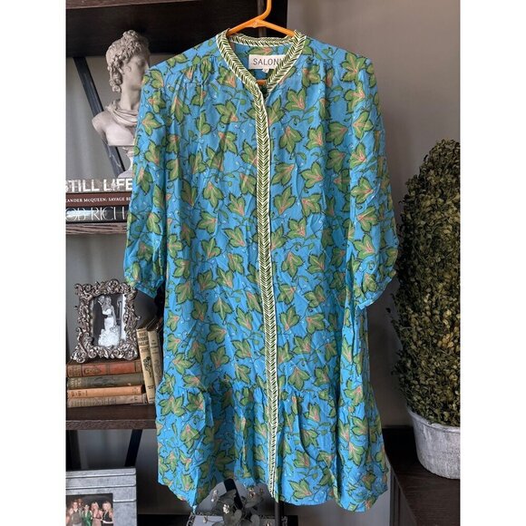SALONI Tyra Printed Silk Shirt Dress Blue Multi Womens Size 10 - Picture 4 of 8
